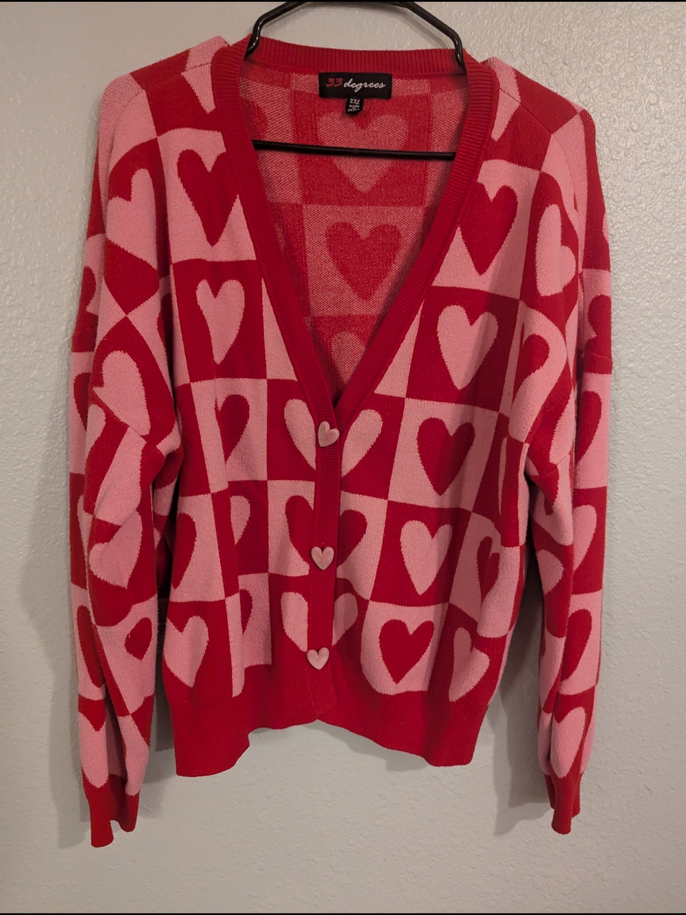 33 Degrees Pink & Red Heart-Print V-Neck Cardigan